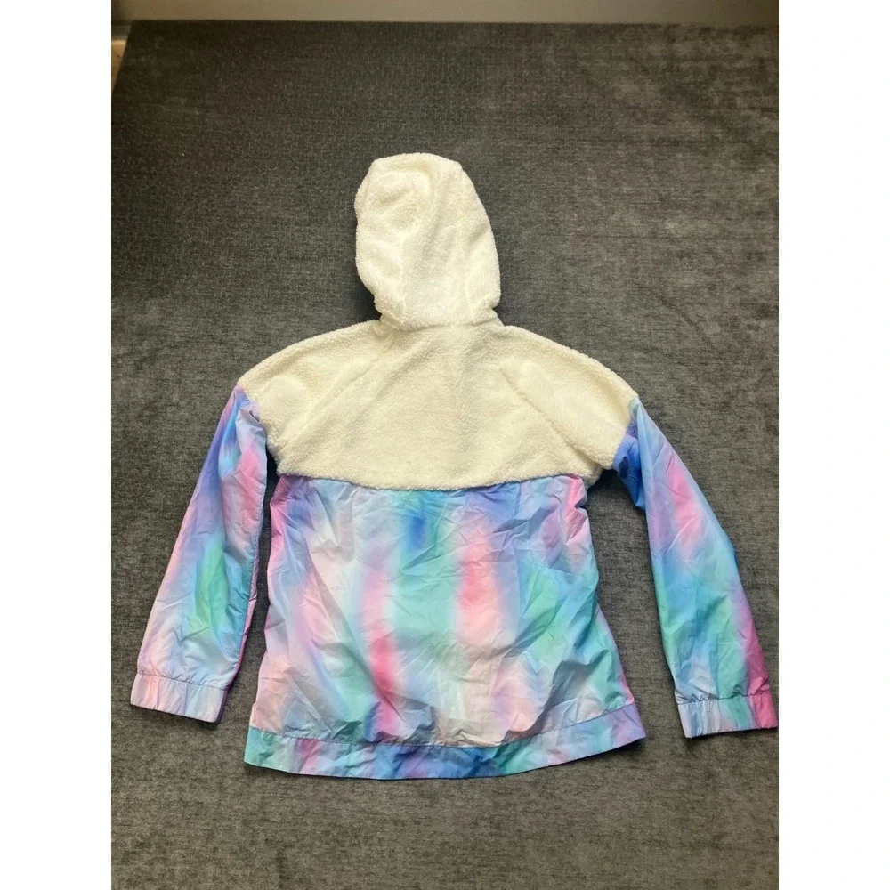 Nike Windbreaker Jacket Girls XL White Aqua Tie‎ Dye Sherpa Fleece Hooded Zip Up